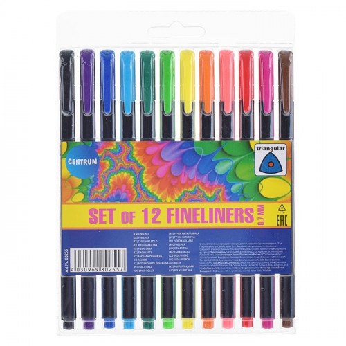 Набор 12 капиллярных цветных ручек FINELINERS, 0.7мм, в индивидуальной упаковке с европодвесом